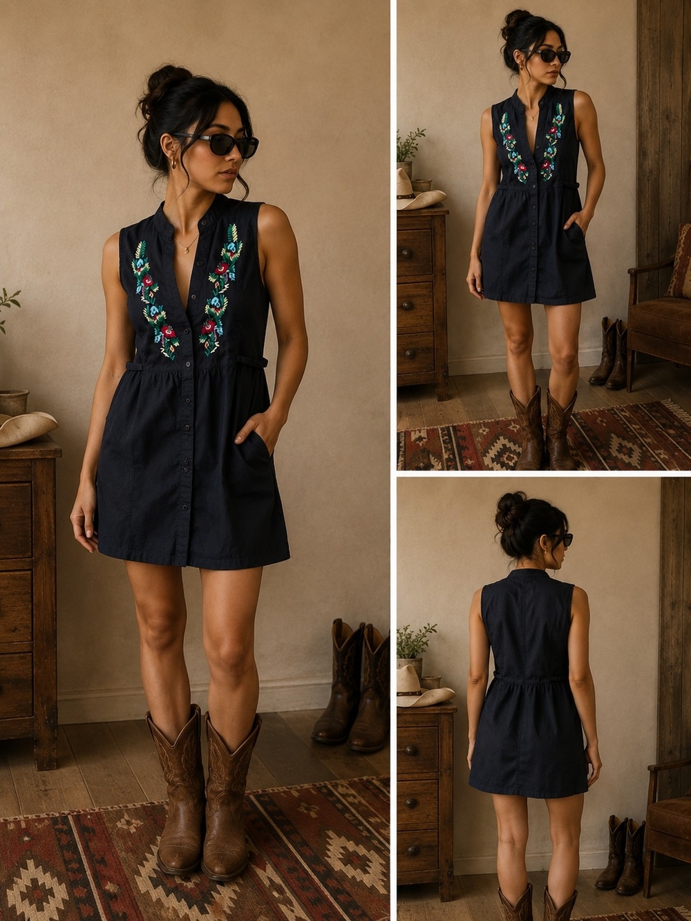 Sleeveless Navy Embroidered V-Neck Dress